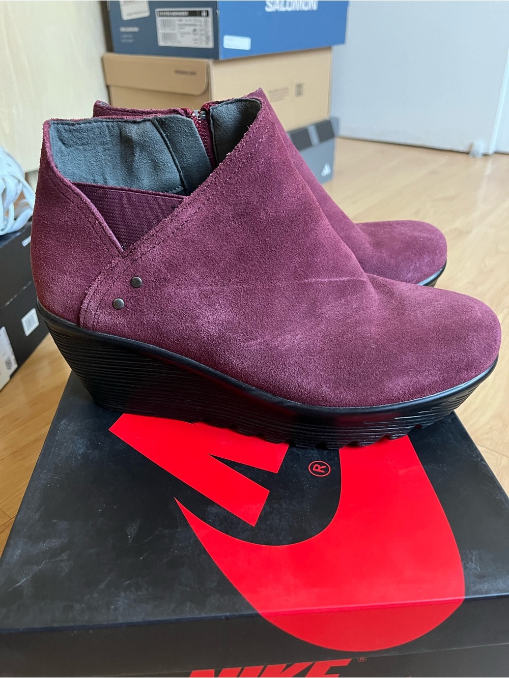 Skechers Suede Wedge Ankle Boot in Burgundy